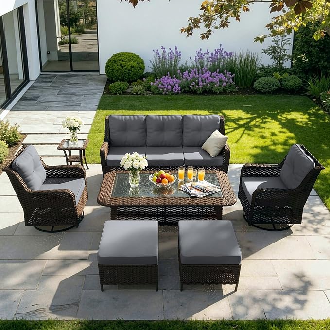 Kullavik 7 Pieces Patio Furniture Set,All-Weather Wicker High Back Outdoor Swivel Rocker Patio Chairs with Coffee Table & Thick Cushions,Paito Conversation Set for Porch,Deck,Grey