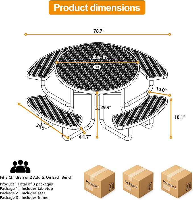 46In Round Metal Picnic Table, Commercial-Grade Heavy Duty Outdoor Furniture, Rust-Resistant Outside Table for Patio, Garden, Playground and Parks (Green)