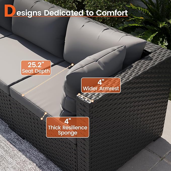 Patio Furniture Set, 7-Piece Outdoor Sectional All-Weather Wicker Patio Conversation Set for Backyard, Garden, Grey