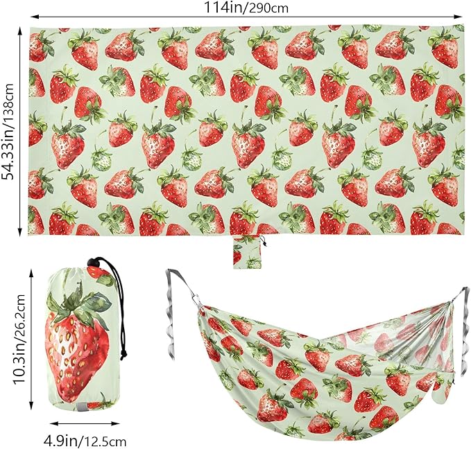 Camping Hammock Outdoor Hammocks for Outside Strawberries Light Green Beach Trees Portable Lightweight with Pockets Tree Straps Indoor Small