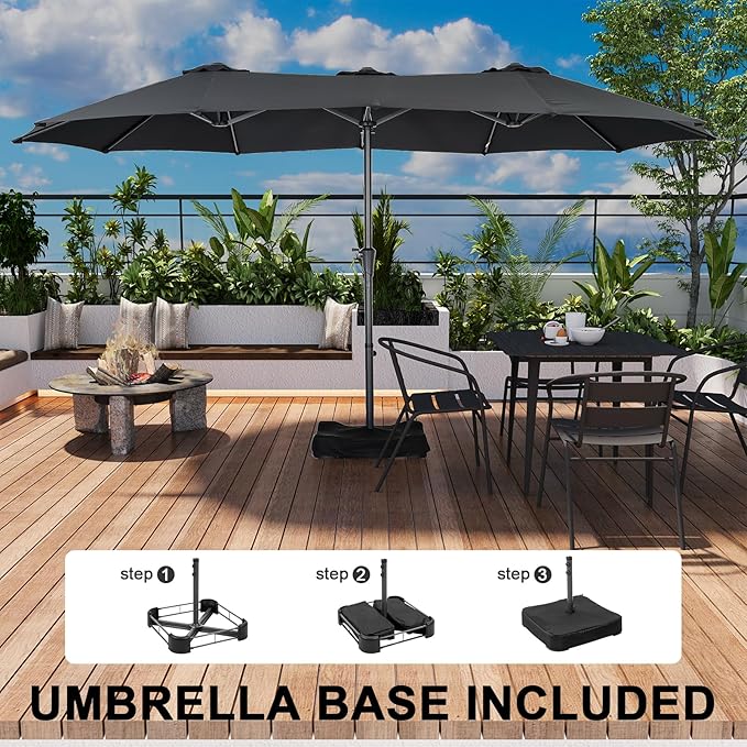 15 ft Patio Umbrella with Base, Large Rectangle Outdoor Umbrella with Matching Stand, Strap, Crank, Black