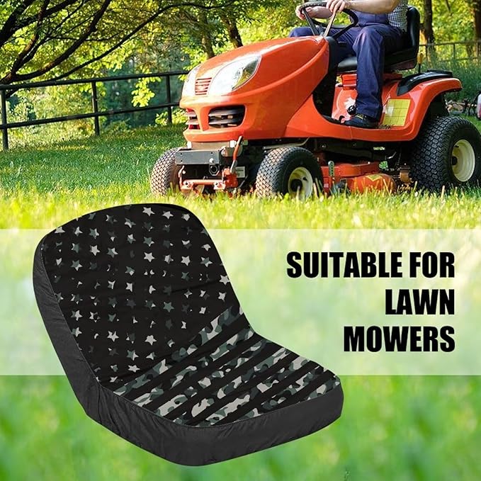 Camo Flag Lawn Mower Seat Cover Adjustable Tractor Seat Pads with Pocket,Durable Riding Lawn Mower Cushion Waterproof Heavy Duty