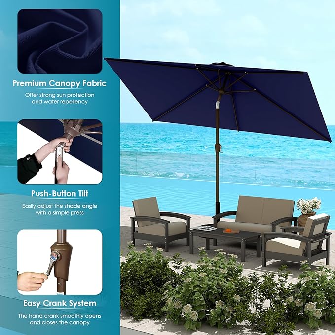 GREENVINES 6.5X10 FT Rectangular-Patio-Umbrella | Outdoor-Table-Umbrellas | 6 Sturdy Steel Ribs | Push Button Tilt & Crank | Waterproof | Market Umbrella | for Pool Backyard Garden Deck | Navy Blue