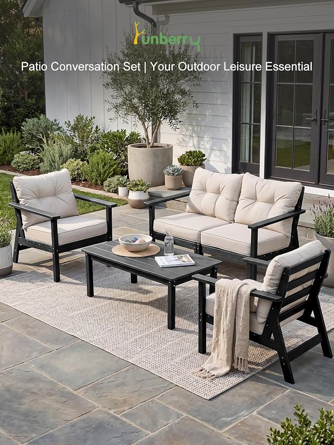 2 Seat HDPE Patio Loveseat, Outdoor Conversation Bench, Patio Furniture | Water-Resistant Thick Cushion, HDPE All Weather, Wood-Grain, No Rot or Rust or Crack, UV Fade Shield, Easy-Clean for Outside