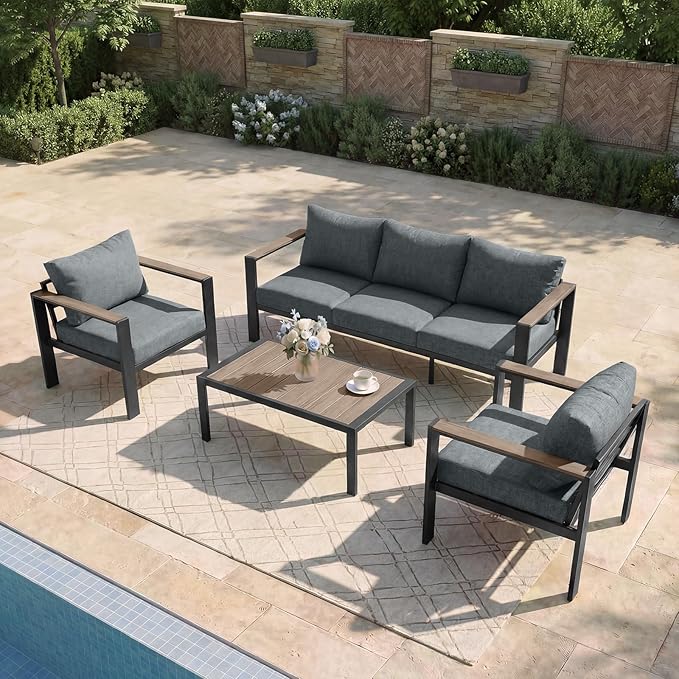 Outdoor Patio Furniture Set 5 Seats Luxury Aluminum Patio Conversation Set with Washable Thick Cushions, 4 Pieces Outdoor Sectional for Porch, Balcony, Deck, Yard, Gray