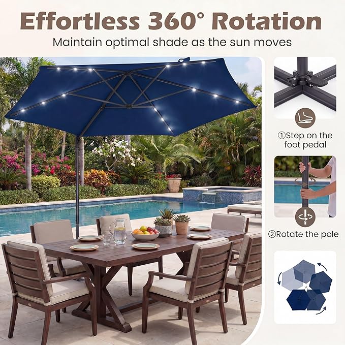 HAPPYGRILL 10 FT Patio Umbrella with Solar Lights, Outdoor Offset Cantilever Umbrella with White LED Lights, 360 Degree Rotation, Air Vent for Pool Deck Garden Backyard