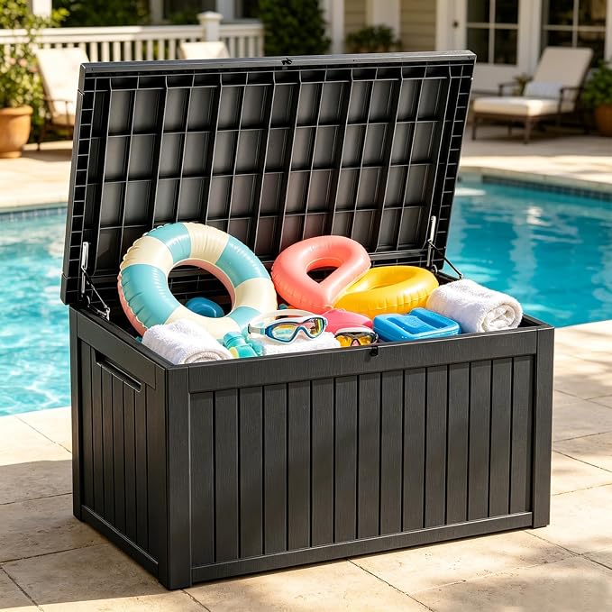 269 Gallon Large Outdoor Storage Box, Waterproof Deck Box with Lockable Lid, Resin Outside Storage Box for Patio Furniture, Pool Accessories, Garden Tools, Storage Bench for Backyard, Porch, Black