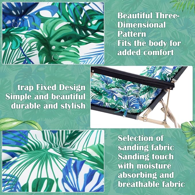 Tudomro Outdoor Chaise Lounge Cushion 66x21x4'' Waterproof & Fade-Resistant Patio Pool Chaise Lounge Cushion Headrest Pillow Tie Replacement Rocking High Back Chair(Blue Green Tropical,1 Pcs)