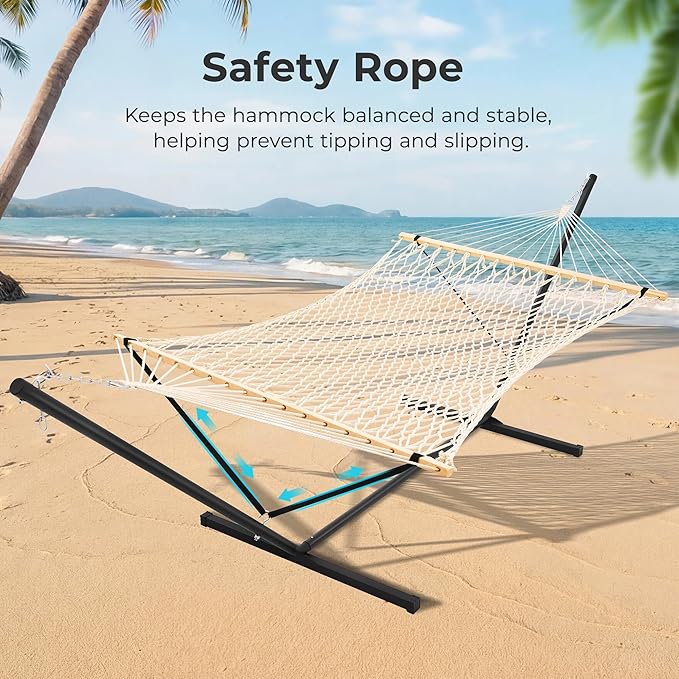 SUPERJARE 12ft Double Hammock with Stand, Soft Rope Hammock for 2 Person, Portable Heavy Duty Stand, Anti-Tip Safety Ropes, Natural Wood Spreader Bar, Outdoor Backyard Patio Camping, Beige