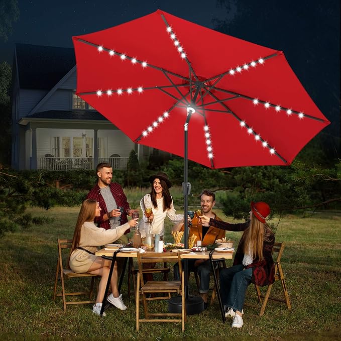FLAME&SHADE 11 FT Solar Light Patio Umbrella, 40 LED lights outdoor umbrella with Centre Surround Light, Table Market Umbrella for Deck, Pool, Porch, Backyard, Garden, UV Protection, Red