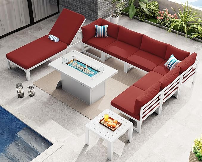 NICESOUL 9 Piece Large Contemporary Aluminum Outdoor Furniture Set with Chaise Lounge & Fire Pit Table, 29" Deep Couch Set, 500 lbs High Weight Capacity Patio Sectional Sofa for Poolside, Burgundy