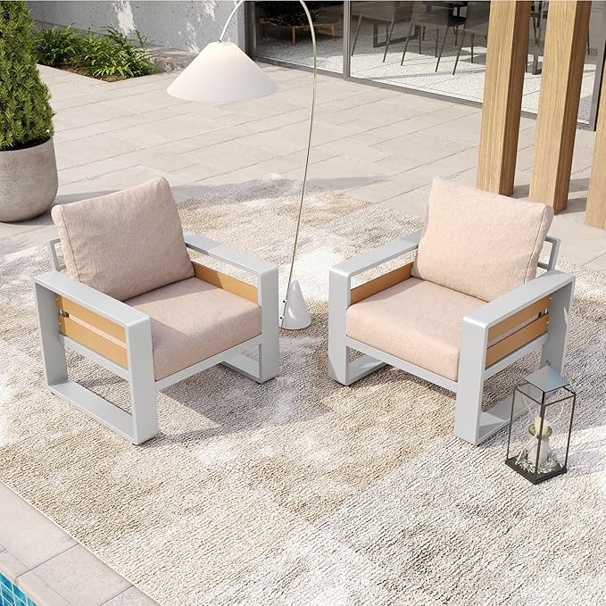 Aoxun Aluminum Patio Furniture Set, 2 Piece Luxury Outdoor Sectional with 6" Olefin Fabric Cushions, Patio Conversation Sets with Coffee Table Outdoor Sofas for Backyard, Porch Beige