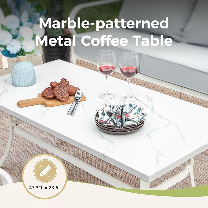 5 Piece Patio Furniture Set, 2 x Fixed Chair, 1 x 2-Seat Sofa, 1 x 3-Seat Sofa with Marbling Coffee Table, 7 Seats Outdoor Conversation Set for Lawn Garden Backyard, Light Gray