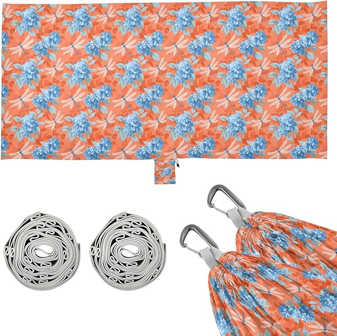 Camping Hammock Outdoor Hammocks for Outside Blue Hydrangea Dragonfly Beach Trees Portable Lightweight with Pockets Tree Straps Indoor