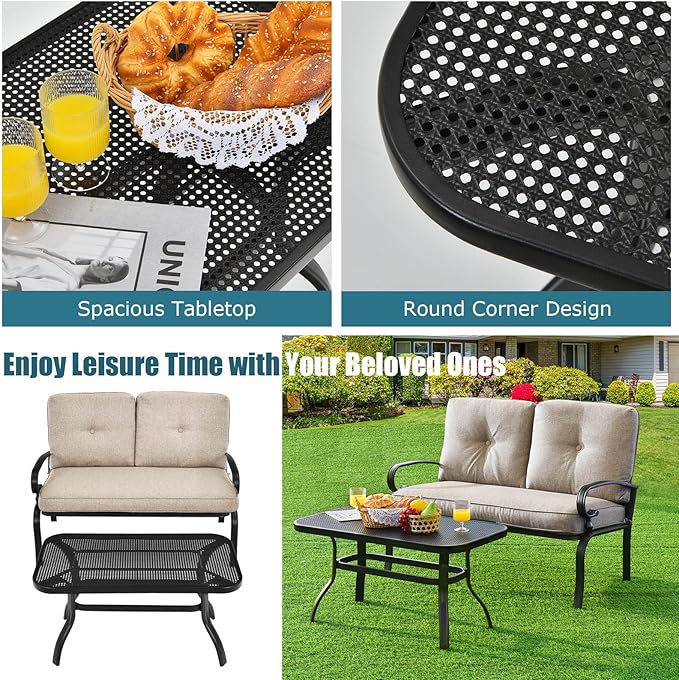 Tangkula Patio Loveseat with Table Set, 2 Seat Cushioned Sofa with Coffee Table, Patio Conversation Sofa Set with Rustproof Frame, 2 Pieces Outdoor Furniture Set for Garden, Poolside, Balcony (Beige)