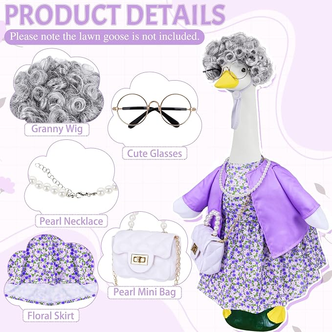 Old Lady Porch Goose Outfits, 100 Days Grandma Wigs with Goose Clothes for 23" Lawn Cement Plastic Geese Statues for Garden Yard Holiday Decoration