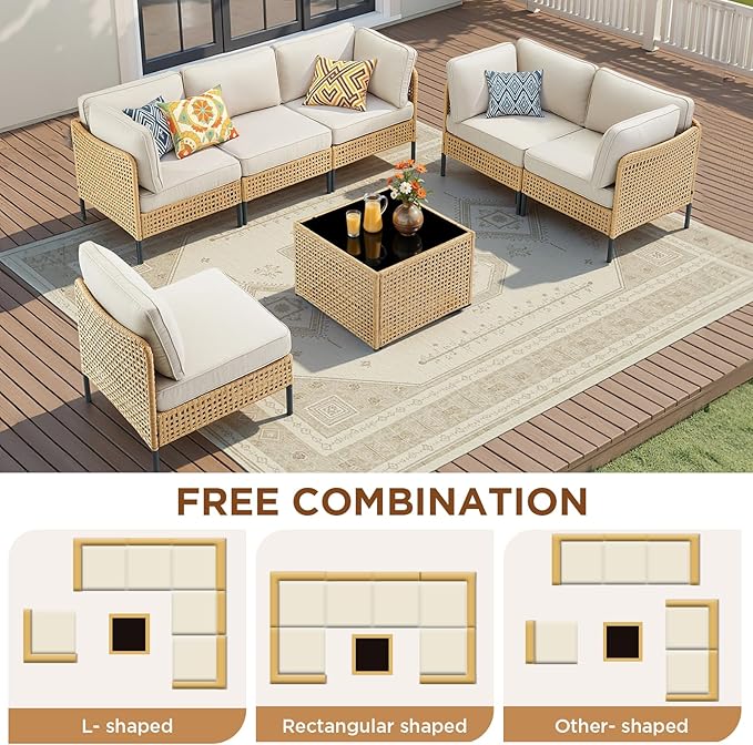 Belord Large Outdoor Sectional 7-Piece, Boho Patio Sets for Outside with Coffee Table, All-Weather Waterproof Wicker Patio Furniture