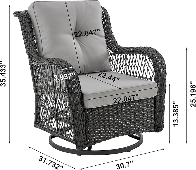 Manhattan Comfort Fruttuo 3-Piece Patio Conversation Set, Swivel Steel Rattan Chairs with Removable Cushions & Tempered Glass End Table, Weather-Resistant Outdoor Furniture for Backyard & Porch, Grey