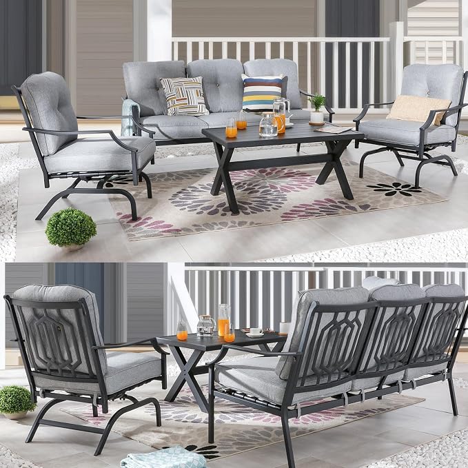 Patio Conversation Set 4 Pieces Metal Outdoor Furniture Sets Outside 3-Seat Sofa with Rocking Chairs Coffee Table (Grey)