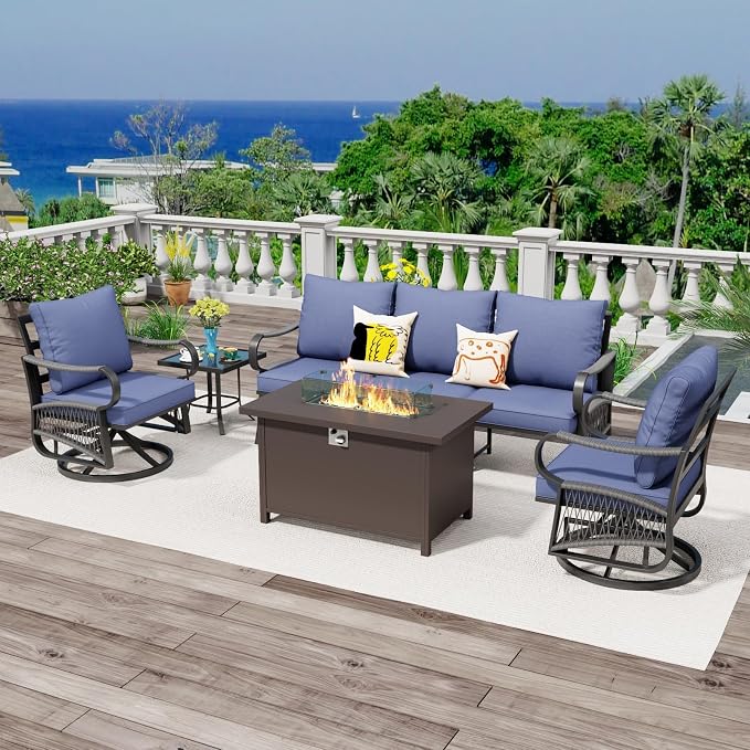 5 Piece Patio Furniture Set with 50000 BTU Propane Fire Pit Table, All Weather Outdoor Conversation Set with 2 Swivel Chairs, Sofa and Thick Cushions for Garden, Porch, Lawn, Blue