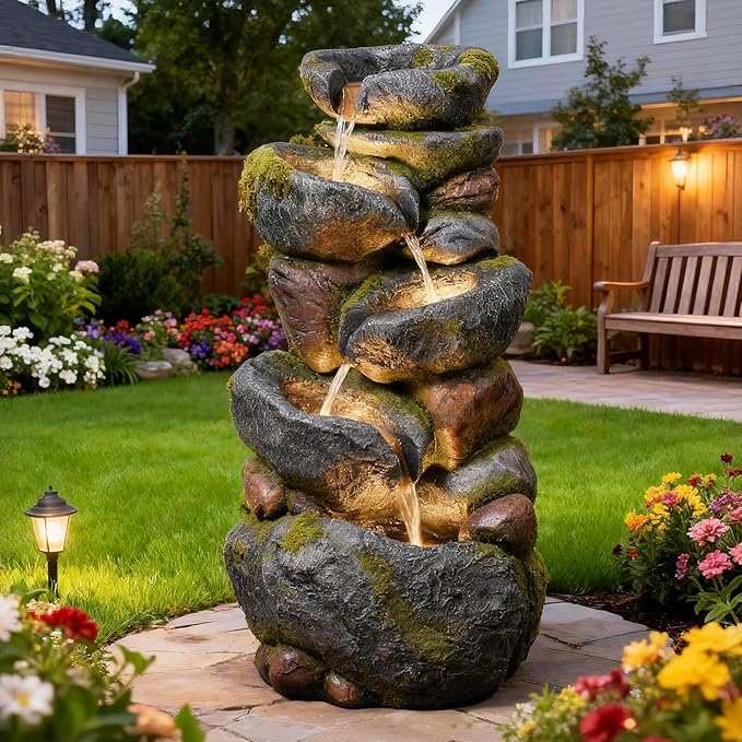 36.2" H Outdoor Water Fountain with LED Lights - 5 Tier Cascading Rock Outdoor Fountains and Waterfalls for Garden or Patio, Yard, and Deck Decor, Featuring Natural Stone Look