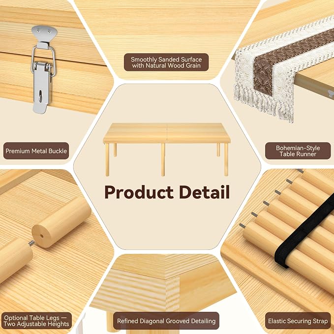 MELLCOM 60" x 30" Folding Picnic Table, Portable Wooden Low Table with Handle, 2 Heights Options (12.8"/16.9") & Long Table Runner, Boho Picnic Table for Beach, Camping & Indoor Study
