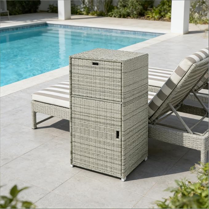 PE Rattan Outdoor Deck Box and Storage Cabinet for Patio and Poolside, Vertical Wicker Towel Rack with Drawer and Magnetic Doors for Backyard Organization, 23.6 x 23.6 x 47.2 Inches, Gray