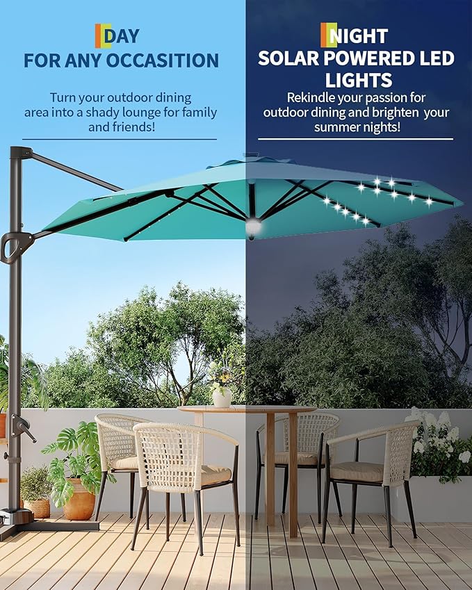 GarveeLife 10FT Patio Umbrella Outdoor Solar LED Large Cantilever Umbrella Market Sun Shade Windproof Offset Umbrella with 360-Degree Rotation for Garden Deck Pool Patio