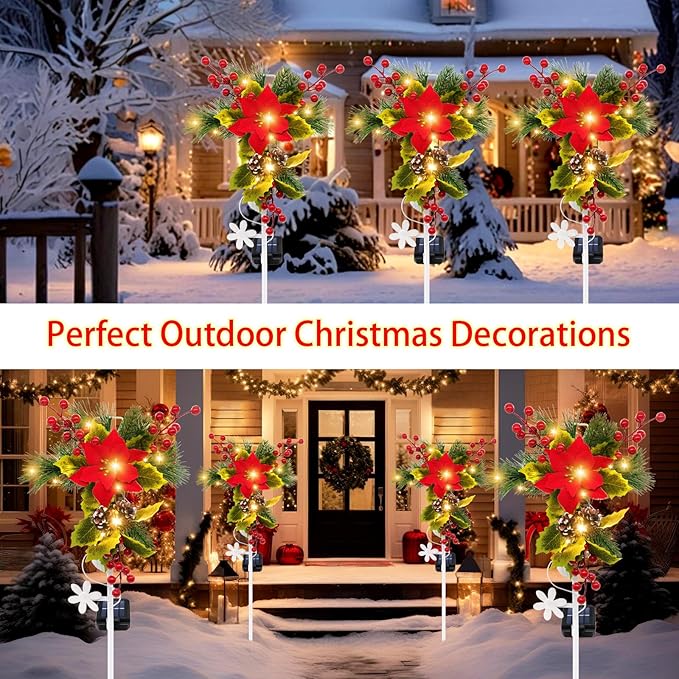 Solar Christmas Decorations Outdoor, 4 Pack 32 Inch Solar Christmas Cross Stake Lights, Waterproof Grave Decorations with Poinsettia Flower Pinecones Red Berries for Garden Yard Patio Lawn Cemetery
