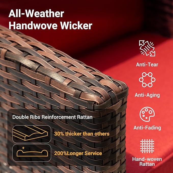 Patio Furniture Set, 5 Pieces Outdoor Sectional Couch with Chairs, Ottomans and Thick Cushions, All Weather Wicker Rattan Patio Conversation Set, Wine Red