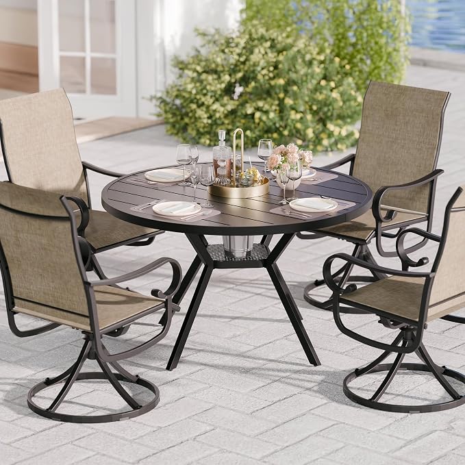Betterhood 42” Outdoor Patio Table, Metal Patio Dining Table for All Weather, Round Outdoor Coffee Table, Patio Table with Adjustable Umbrella Hole or Garden, Backyard and Porch