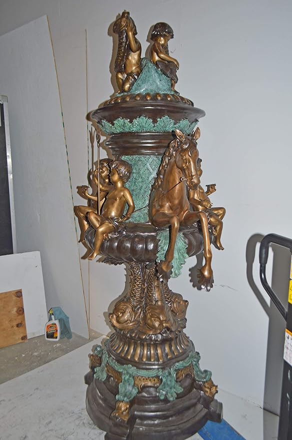 Nifao Large Bronze Tiered Fountain with Fish Horse & Pigs – Outdoor Garden Water Feature Sculpture, 46" L x 46" W x 84" H