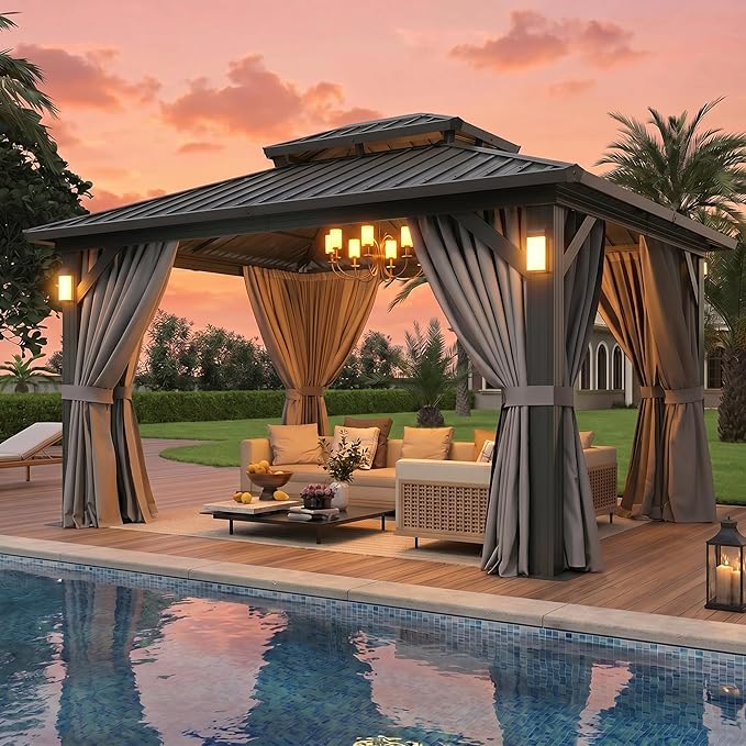 Aoxun 10'x12' Hardtop Gazebo with 4 LED Lights, Outdoor Gazebo with Galvanized Steel Double Roof, Patio Gazebo with Breathable Netting & Privacy Curtain, Decor Hooks for Backyard, Gray