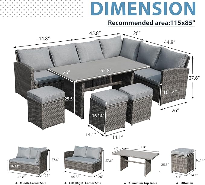 JOIVI Outdoor Patio Furniture Set, 7 Piece Patio Dining Sofa Set, Outdoor Sectional Couch Conversation Set All Weather Wicker Rattan Aluminum Desktop Dining Table & Chair with Ottomans, Gray Cushion