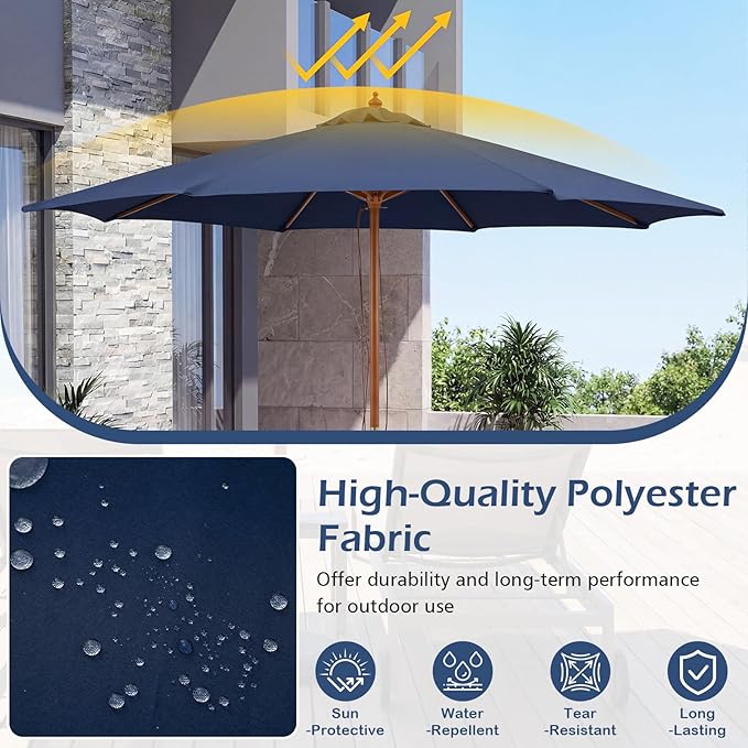 Tangkula 9 FT Patio Umbrella, Outdoor Table Market Umbrella with 8 Wooden Ribs, 3 Adjustable Heights, Rope Pulley System for Garden, Vented Top for Pool Backyard Deck Garden