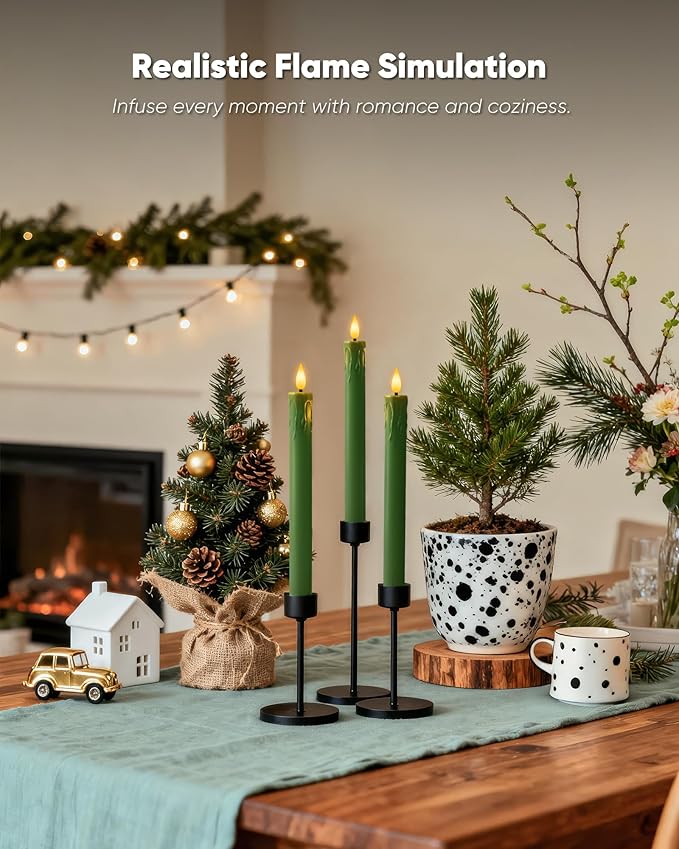 Homemory 6 Pcs Real Wax Green Flameless Taper Candles with Remote Timer, 9.6 Inches LED Fake Candlesticks, LED Candle with 3D Flickering Flame for Romantic Wedding, Dinner, Xmas Anniversary Decor