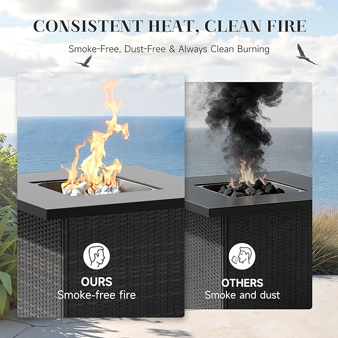 8 Piece Patio Furniture Set with 50000 BTU Fire Pit Table, Wicker Outdoor Patio Conversation Set with Propane Fire Pit, Waterproof Rattan Patio Couch Set for Backyard, Deck & Garden