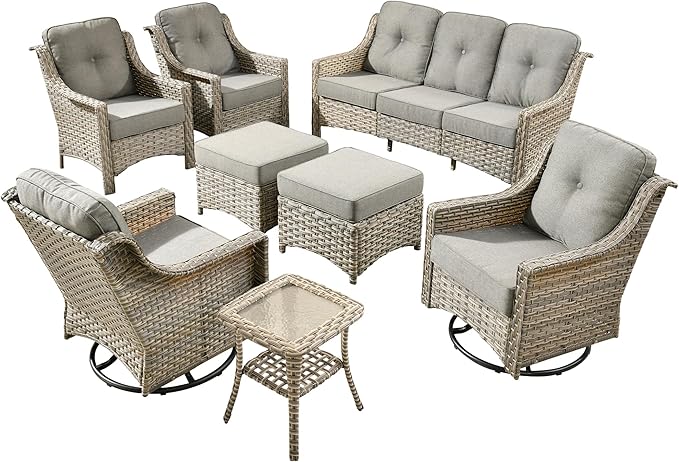 8 PCS Outdoor Patio Furniture Sets,Patio Conversation Sets Outside Rattan Soft Cushion Sofa with 2 Wicker Rocking Chairs Soft Cushion Fit Backyard Porch Garden Poolside Balcony,Dark Grey