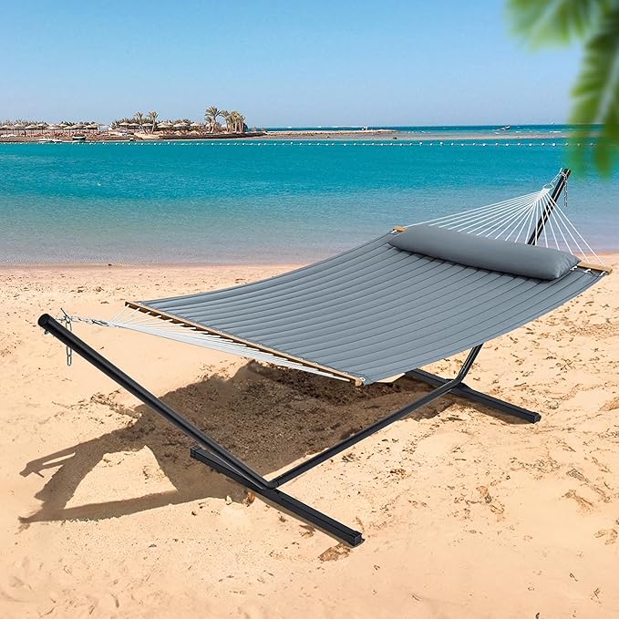 SUPERJARE Hammock with Stand, 2 Person Quilted Outdoor Hammock, Detachable Pillow & Bamboo Spreaders, Portable Hammock with Carrying Bag, Heavy Duty Stand, Perfect for Outside, Patio, Neutral Gray