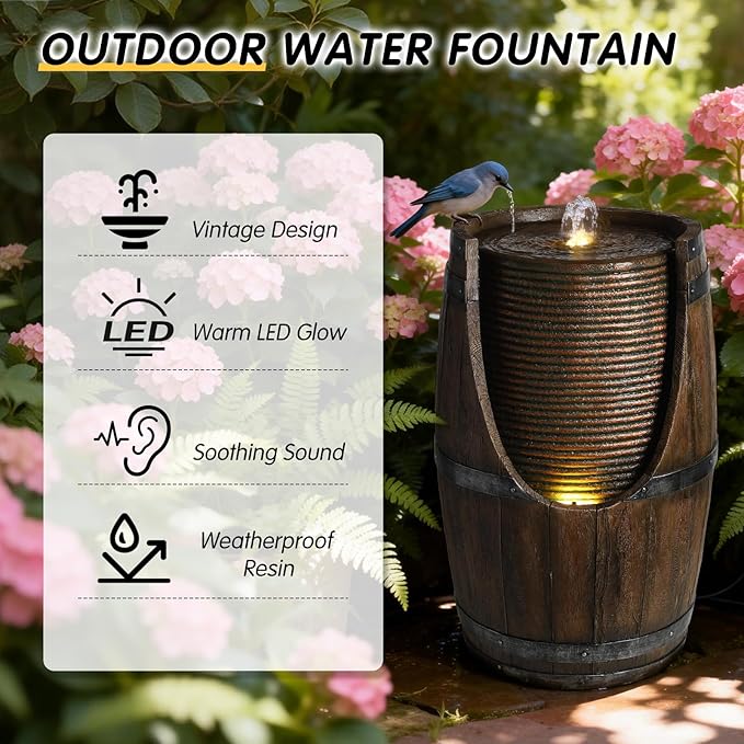 Water Fountain Outdoor 24.8" H Large Freestanding Cascading Water Feature with LED Lights for Garden Patio Yard Deck Decor, for Housewarming & Garden Lovers