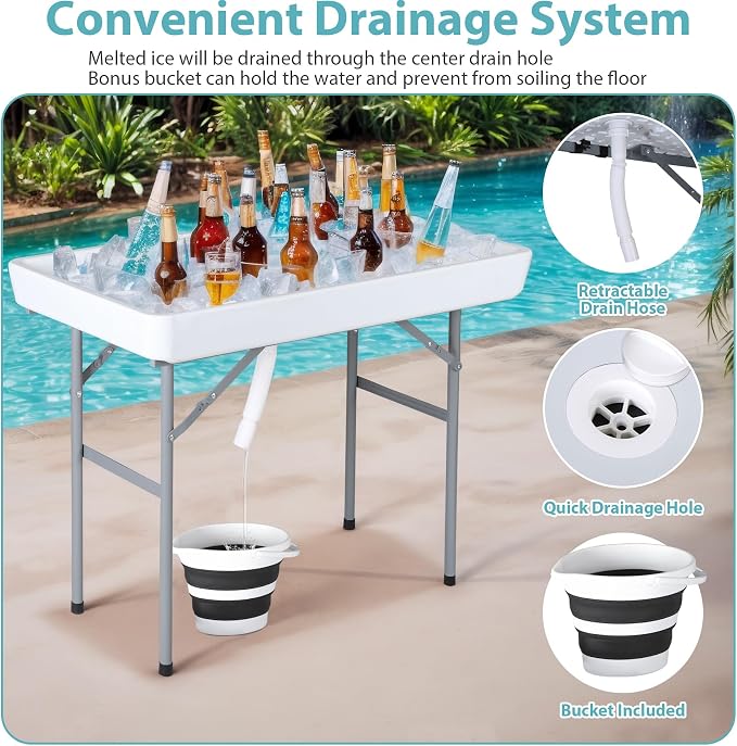 SUPER DEAL Party Ice Cooler Folding Table with 5L Bucket, Portable Outdoor Cooler Table with Removable Matching Skirt, Large Sink and Drain for BBQ, Picnic, and Camping