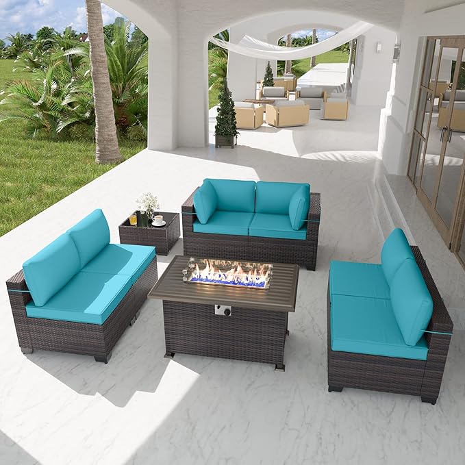 Patio Furniture Set with Fire Pit Table 8-Piece Outdoor Sectional Furniture Outdoor Rattan Patio Conversation Sets with 55,000 BTU Propane Gas Fire Pit Table and Glass Table, Blue