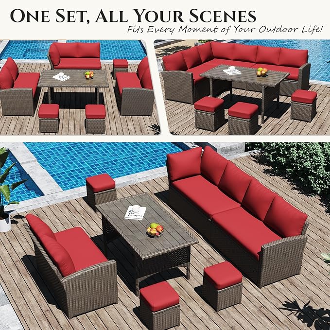 U-MAX 7 Pieces Patio Furniture Set with Waterproof Cover, Outdoor Sectional Sofa Conversation Set, All Weather Wicker Rattan Dining Table & Chair with Ottoman, Brown Rattan&Red Cushion