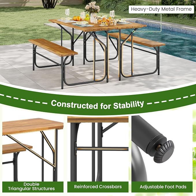 HAPPYGRILL Picnic Table Bench Set for 4, Acacia Wood Dining Table and Bench Set with Heavy Duty Metal Frame, for Patio, Porch, Garden and Backyard