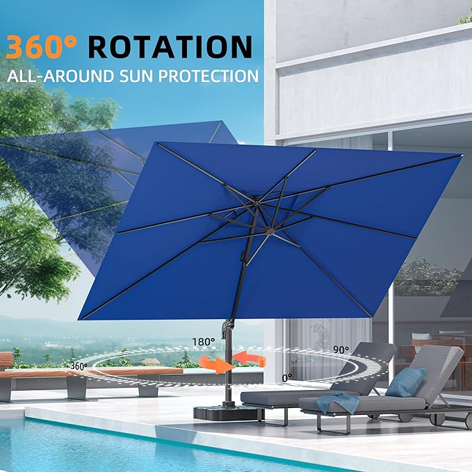 10' X 13' Outdoor Patio Umbrella Large Rectangle Cantilever Umbrella with Base Included, Heavy Duty 360°Rotation Offset Umbrella for Garden Deck Pool Patio,Navy Blue