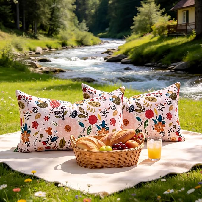 Waterproof Floral Lumbar Pillow Covers Summer Outdoor Decorative Pillow Covers Pink Accent Couch Covers Garden Farmhouse Cushion Cases 12x20 Inch Set of 2 for Patio Tent Balcony Bench Furniture Sofa