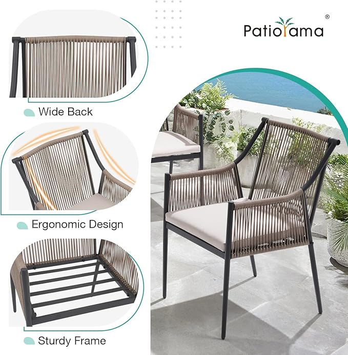 Patiorama 5-Piece Patio Dining Set, Outdoor Dining Table Chair Set, All-Weather Embossed Rattan Wicker Rope Conversation Set w/Umbrella Hole, Patio Furniture Set, 4 Cushioned Chairs&Glass Table(Beige)