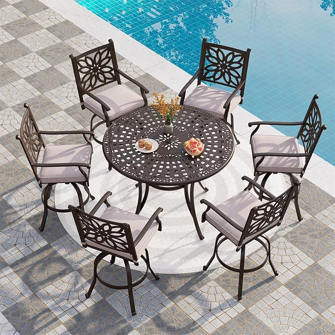 PHI VILLA Outdoor Swivel Bar Stools Set of 2, Cast Aluminum Patio Bar Height Chairs with Seat Cushion, All-Weather Bar Dining Chairs Metal Bistro Chairs
