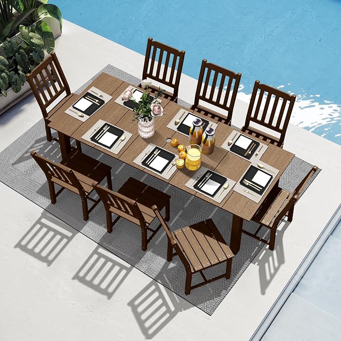 LOUNZY 9 Pieces Patio Dining Sets, Outdoor HDPE Furniture Set for 8 w/ 2" Hole Cut-Out Dining Table with 8 Armless Patio Chairs for Pool, Lawn and Garden,Brown