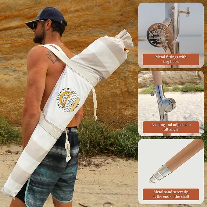 Beach Umbrella for Sand with Fringe – Luxury Boho Outdoor Umbrella for Beach, Pool, Garden, UPF 50+ Wood Shaft Metal Fittings Round with Carry Bag From